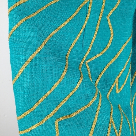 Santa Fe Sheath Dress Womens 6 Aqua Green Ramie Gold Embroidered Leaves Tropical - Picture 10 of 13